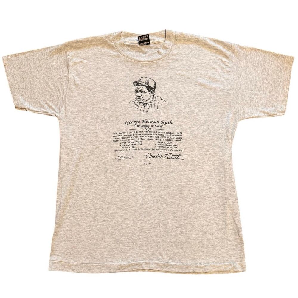Vintage 90s Best Fruit of the Loom Babe Ruth T Shirt Gray Yankees Size L USA